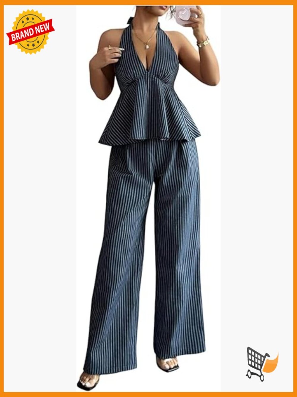 Women's 2 Piece Striped Outfit Halter Top Wide Leg Pants Matching Set